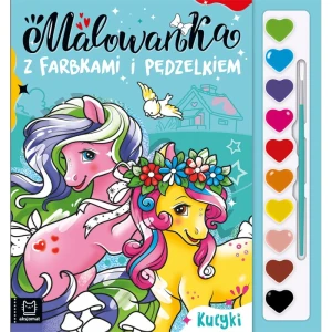 Malowanka z farbkami i pędzelkiem. Kucyki