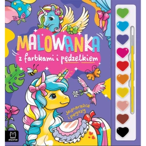 Malowanka z farbkami i pędzelkiem. Jednorożce i pegazy