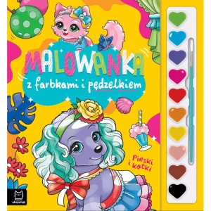 Malowanka z farbkami i pędzelkiem. Pieski i kotki