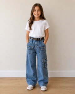 Spodnie dziewczęce ORIGINAL MARINES DFA1410NF jasny jeans z paskiem w panterkę.