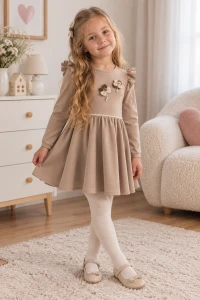 Elegancka sukienka dziewczęca z brokatem beżowa