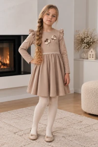 Elegancka sukienka dziewczęca z brokatem beż
